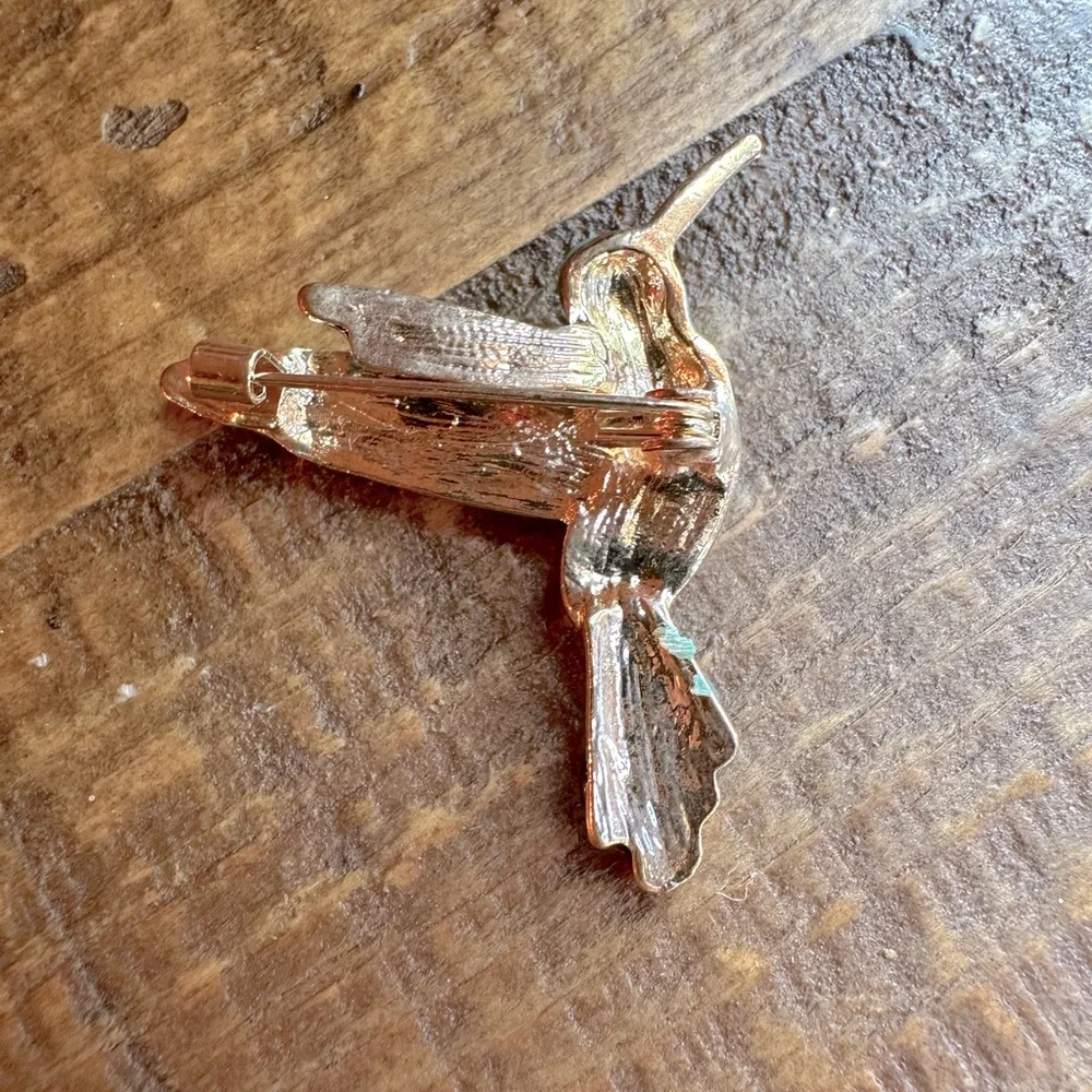 Turquoise, Blue & Yellow Hummingbird Brooch Pin Crystals Rhinestones & Enamel - Picture 10 of 12